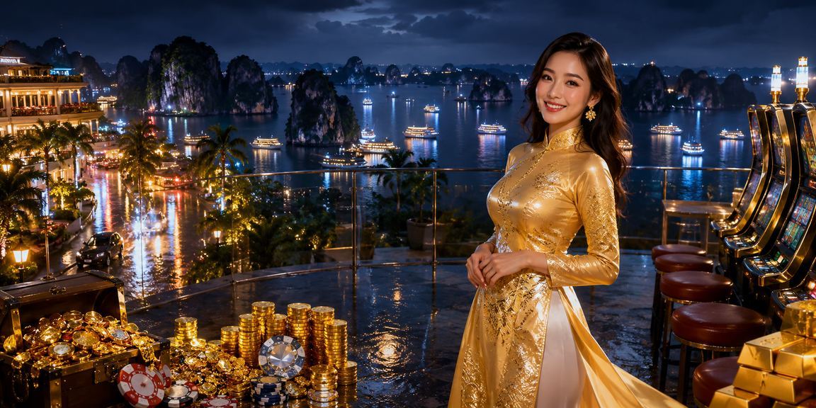 Người phụ nữ mặc áo dài chơi slot game trực tuyến với cảnh vịnh Hạ Long phía sau
